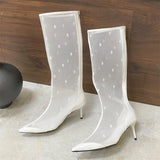 Bonnyshow  Autumn Street Style Design Breathable Mesh Women Knee-High Boots Pointed Toe Thin Low Heels Sandals Booties Ladies Shoes