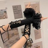 Bonnyshow Lolita Ballet Strap Lace Gloves Y2K Fingerless Gothic Sunscreen Sleeve Women Lolita Clothing Accessories Mesh Anime Punk Gloves