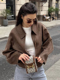 Bonnyshow Casual Loose Brown Women's Jacket Simple Turndown Collar Zipper Short Jackets Fashion Autumn Retro Long Sleeve Women's Coat