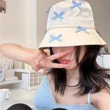 Bonnyshow Kawaii Bow Knot Bucket Hat Japanese Y2k Fashion Sun Protection Fisherman's Hat Korean Women  Summer Cap Y2k Women Accessories