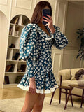 Bonnyshow  Printed V-Neck Mini Dress For Women Ruffled Fashion Elegant Party Dress Evening Slim Long Sleeve High Street Female Dress