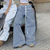 Bonnyshow  Y2k Letter Print Striped Wide Leg Pants Streetwear Baggy Trousers Women Drawstring Pocket Casual Pants Summer Clothing