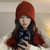 Bonnyshow Winter Ear Protection Hat Women Fashion Tassels Handmade Knitted Hat Cute Red Black Color Wool Beanie Outdoor Skull Cap