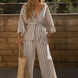 Bonnyshow  Brown Striped Thin Trouser 2 Piece Set Women V-neck Half Sleeve Lace-up Cardigan Blouse Summer Simple  Fashion Casual Pants Sets