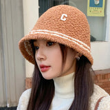 Bonnyshow Winter Lamb Fleece Bucket Hat Women Solid Color Letter Fisherman Cap Korean Wide-brim Windproof Dome Plush Hats