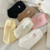 Bonnyshow Bow Embroidered Plush Socks for Women Soft Mink Fleece Floor Sock Korean Ins Winter Warm Female Middle Tube Socks