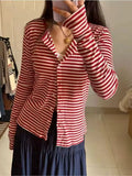 Bonnyshow  Sweet Red Striped Slim Long Sleeve T-shirt Women Preppy Style O-neck Single Breasted Cotton Tee Shirts Cute Basic Simple Top New