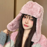 Bonnyshow Fluffy Fur Ear Protection Hat for Women Winter Anti-cold Russian Bomber Hats Outdoor Warm Thicken Plush Lady Lei Feng Caps