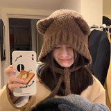 Bonnyshow Winter Knitted Plush Hat Women Cute Cartoon Bear Ear Ear Protection Cap Korean Autumn Solid Color Warm Windproof Hats