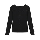 Bonnyshow Streetwear Hollow Bow Splicing Casual Long-sleeved T-shirt Women 2025 Spring New Korean O-neck Sexy Slim All Match Black Tops