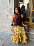 Bonnyshow  Ruffled Midi Skirt Womens Vintage Flounce Skirt Woman New Fashion Elegant Solid Long Skirts autumn Evening Party Skirts