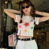 Bonnyshow  Korean Cute Design Short Sleeves With Star Print Graphic T Shirts Mini Crop Tops Women Clothes Hip Hop Students Slim Summer