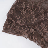 Bonnyshow  Y2K Fashion Lace Crop Top Brown V-neck Lace Up Cardigan Tee Shirt See Through Chic Sexy Short Sleeve T-shirt Summer