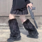 Bonnyshow Japanese Fur Legger Warmer Punk Gothic Black Thickened Fluffy Boots Solid Leg Socks Y2k Foot Cover Harajuku Fashion Warm Socks
