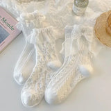 Bonnyshow Mid-tube Solid Lace Bow Ruffle Socks Kawaii Lolita Short Socks Cotton Socks JK Japanese Lacework Stockings Women's Stockings