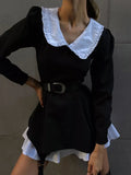 Bonnyshow French style Autumn Long Sleeve Doll Collar Dress Lovely Black Casual Office Lady A line Dress Elegant Slim Women's Dresses
