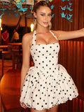 Bonnyshow  Sexy Polka Dot Halter Bubble Mini Dress Women Fashion Backless Lace Up Slim Puffy Dresses Lady Summer Chic Street Party Vestidos