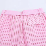 Bonnyshow  Women's Versatile Collar Striped Shirt with Belt Casual Pants Spring New Style Three Piece Set