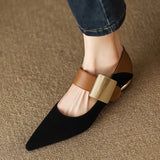 Bonnyshow  Spring Women Nature Suede High Thick Heels SmallHut Black Apricot Square Toe Pumps Elegant Lady Metal Decoration Shoes