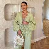 Bonnyshow  Casual Deep V-neck Shirt Long Pant Set Women Fashion Solid Flowers Lace Up Shirts Straight Pants Sets Lady 2025 Chic Streetwear