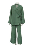 Bonnyshow  Stripe Lace Up Women's Pant Set V-neck Full Sleeve Shirts High Waist Patchwork Wide Leg Pants Lady Suit Autumn Street Outfits