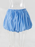 Bonnyshow  Blue Striped Casual Shorts Women Summer Flower Elastic Mid Waist Short Pants Streetwear Fashion Simple Mini Shorts 2025 New