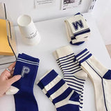 Bonnyshow 5 Pair/Set Blue Letter Stripe Socks for Women Korean Cotton Middle Tube Sock Spring Autumn Casual Sport Socks Calcetines 양말