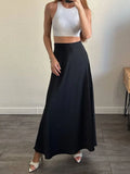 Bonnyshow  - Black Satin High Waist Maxi Skirt Women Fashion Slim Patchwork Elegant Party Long Skirt Female High Street Y2k Long Skirt