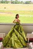 Bonnyshow Couture Green Asymmetrical Satin Long Evening Dresses With Ruffles Trimmed Neckline And Bow Modest Formal Party Dress