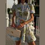 Bonnyshow  Elegant Women Print Short Dress With Belt Lapel Sleeveless Pleated Vestidos 2025 Summer Elegant Female Vacation Party Dresses