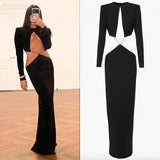 Bonnyshow Black Hollow Out Maxi Dress for Women Fashion Long Sleeve Slim Evening Party Dresses Autumn Winter Sexy Night Club Outfits