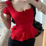 Bonnyshow  Two-Piece Suit Polka-Dot Flounce Sling Sweet Square Collar Slim Tops New Design French Style T-Shirts Women