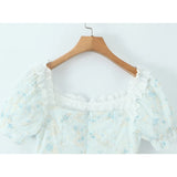 Bonnyshow  Sweet Girl Lace Spliced Embroidery Printed Dress Women Vintage Puff Sleeve V Neck A-line Mini Summer Dresses Holiday Robe