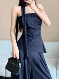 Bonnyshow  Advanced retro Tencel denim suit women's summer fashion sequin strapless top high waist wide leg pants skirt two-piece set