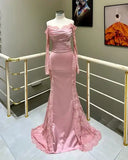 Bonnyshow Real Image Blush Pink Satin Mermaid Evening Dresses With Lace Decoration See Thru Lace Sleeves Modest Long Formal Dress
