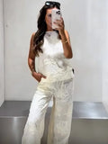 Bonnyshow  Summer Women Casual Vest Set Sleeveless Round Neck Loose Top Brown Jacquard Wide Leg Pant Streetwear Outfit Lady Daily Wear