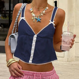 Bonnyshow  Women's Fairy 2000s Summer Tops Mini Bows Straps V Neck Crop Tops Open Back Lace Trim Button Tank Tops Streetwear