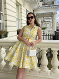 Bonnyshow  Elegant Women Print Short Dress With Belt Lapel Sleeveless Pleated Vestidos 2025 Summer Elegant Female Vacation Party Dresses