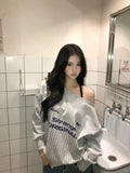 Bonnyshow  Sexy Off Shoulder Sweatshirts Women Vintage Y2k Oversized Gray Jersey Tops Korean Style Pullovers Letter Printed Casual
