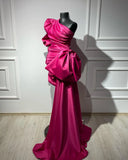 Bonnyshow Fuchsia One Shoulder Crystal Embellished Mini Dresses With Side Bow Overlay Real Image Puff Sleeves Formal Party Dress