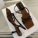 Bonnyshow  New Design Narrow Band Women Sandals Summer Square Open Toe Thin Heels Party Dress Slip-on Ladies Shoes