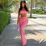 Bonnyshow Lace Perspective Sexy Party Two Piece Set Strapless Crop Top And Long Skirts 2 Pieces Set Women 2024 Summer Outfits