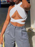 Bonnyshow Women Strappy Cross Over Front Cut Out Halter Neck Sleeveless Backless Wrap Crop Top Bandage Vest Summer Sexy Tops Woman Clothes