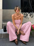 Bonnyshow  Women Pant Sets Two Piece Set Sexy Backless Sleeveless Pink Vest Loose Wide Leg Pants Suit Female Summer Fashion Lady Outfits