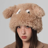 Bonnyshow Cartoon Fluffy Beanie Cap for Women Cute Puppy Ears Plush Hat Korean Solid Color Warm Faux Fur Female Girls Pullover Caps