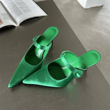 Bonnyshow  Satin Button Pointed Toe Mules Pumps Women Slipper Fashion Shallow Thin High Heels Ladies Shoes