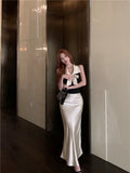Bonnyshow  Bow temperament collar hanging neck vest satin fish tail half skirt two-piece set women's summer fashion beautiful set