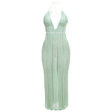 Bonnyshow  Summer Halter Knitted Long Dress Elegant Backless Sleeveless Patchwork Women Maxi Dresses Fashion Deep V Neck Beach Robes
