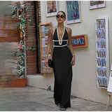 Bonnyshow  Summer Halter Knitted Long Dress Elegant Backless Sleeveless Patchwork Women Maxi Dresses Fashion Deep V Neck Beach Robes