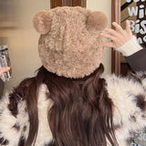 Bonnyshow Cute Bear Plush Beanie Cap Women Winter Warm Thicken Faux Fur Hat Korean Solid Color Cartoon Ears Female Skullcap Bonnet